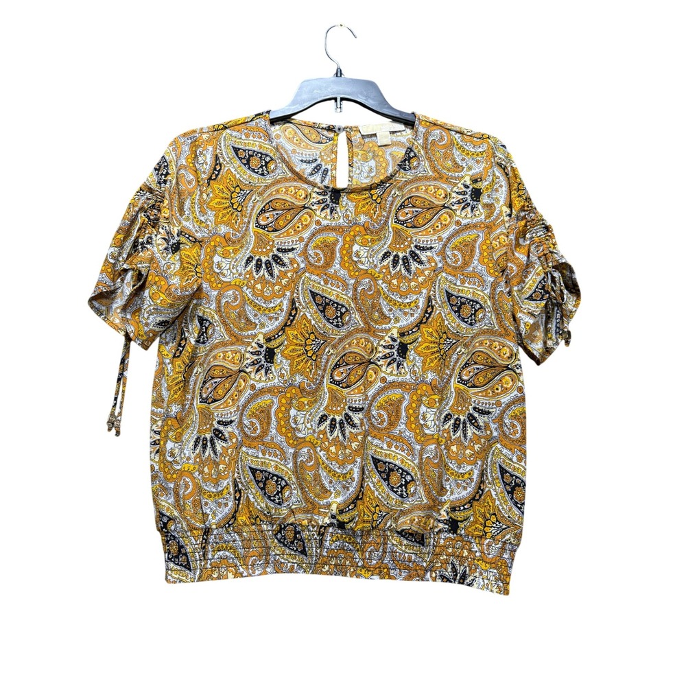 Michael Kors Blouse Women Large Gold Paisley Ruched Short Sleeve Smocked Hem